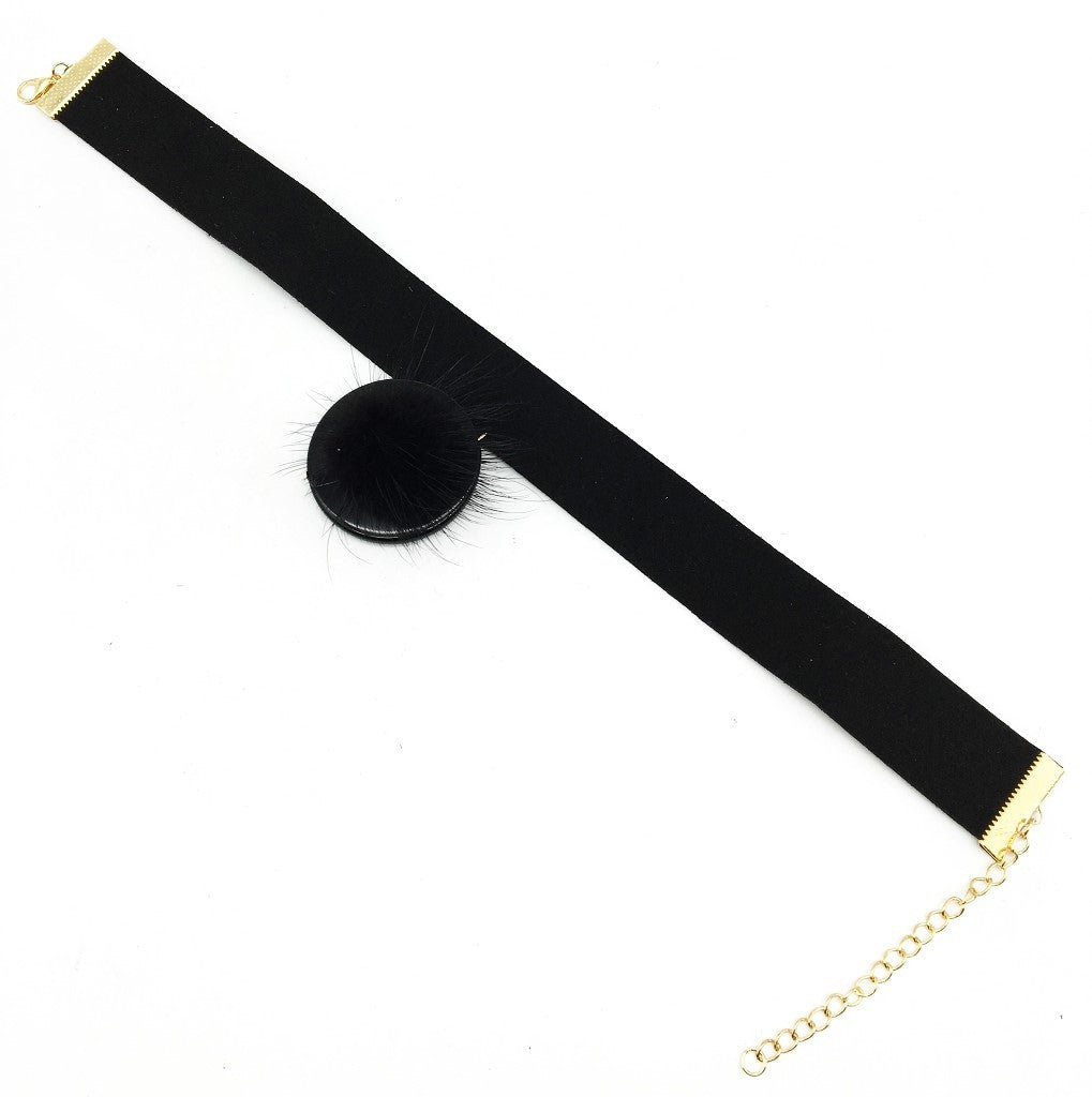 Exaggerated Leather Choker Necklace with Rabbit Hair Ball Pendant – Savanna Rhythms Collection