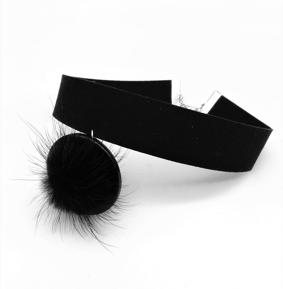 Exaggerated Leather Choker Necklace with Rabbit Hair Ball Pendant – Savanna Rhythms Collection