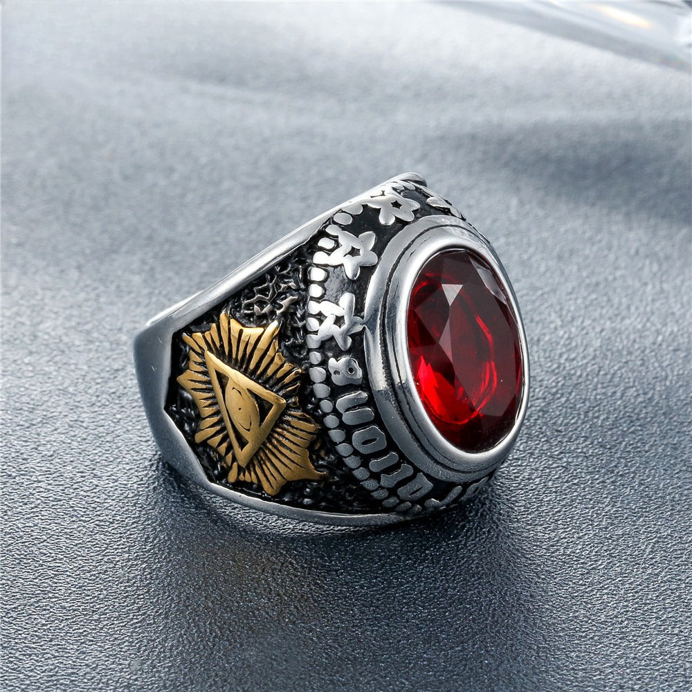 Freemason Eye Ring Titanium Steel With Zircon Stones Unisex Protection Symbol Planderful