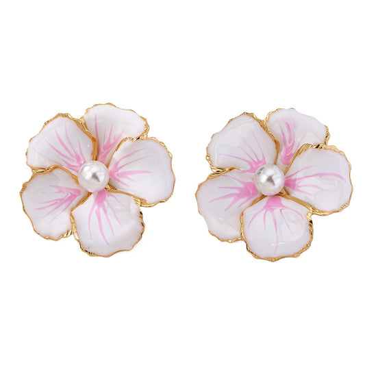 Planderful Vienna Verve Earrings – Elegant Pink Faux Pearl Flower Design