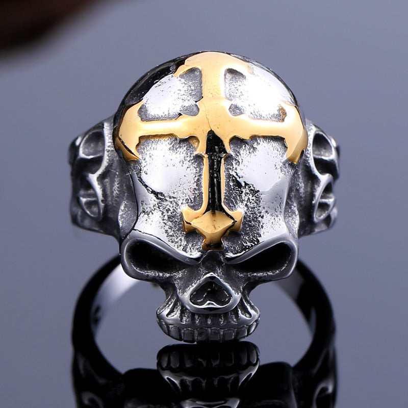 Titanium Steel Men's Skull and Zircon Cross Ring - European & American Trade Jewelry