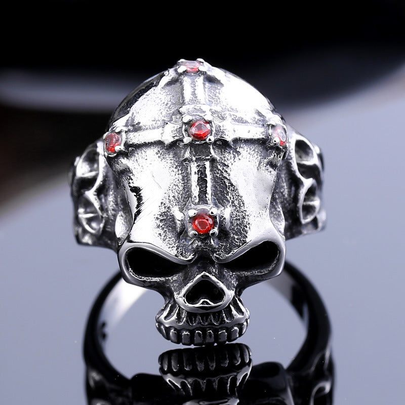 Titanium Steel Men's Skull and Zircon Cross Ring - European & American Trade Jewelry