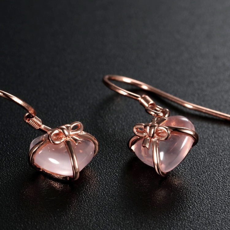 Heart Shape Pink Crystal Bowknot Silver Hook Earrings