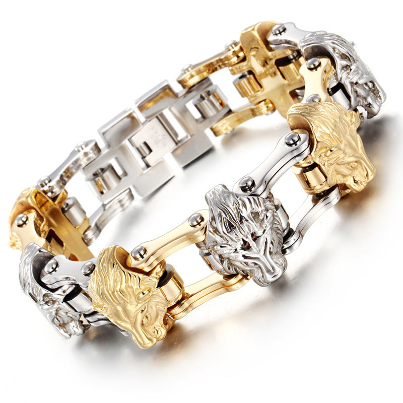 Titanium Steel Wolf Head and Lion Head Bracelets for Men, Exaggerated Bicycle Chain Design in Stainless Steel