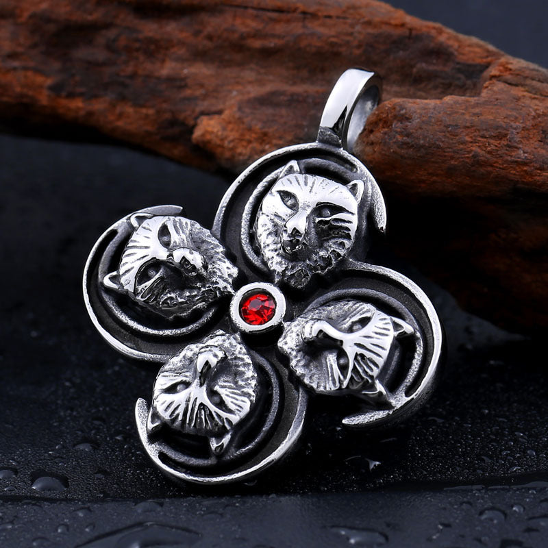 Custom European and American Style Retro Titanium Steel Wolf Pendant with Zircon Inlay for Men - Wholesale Jewelry