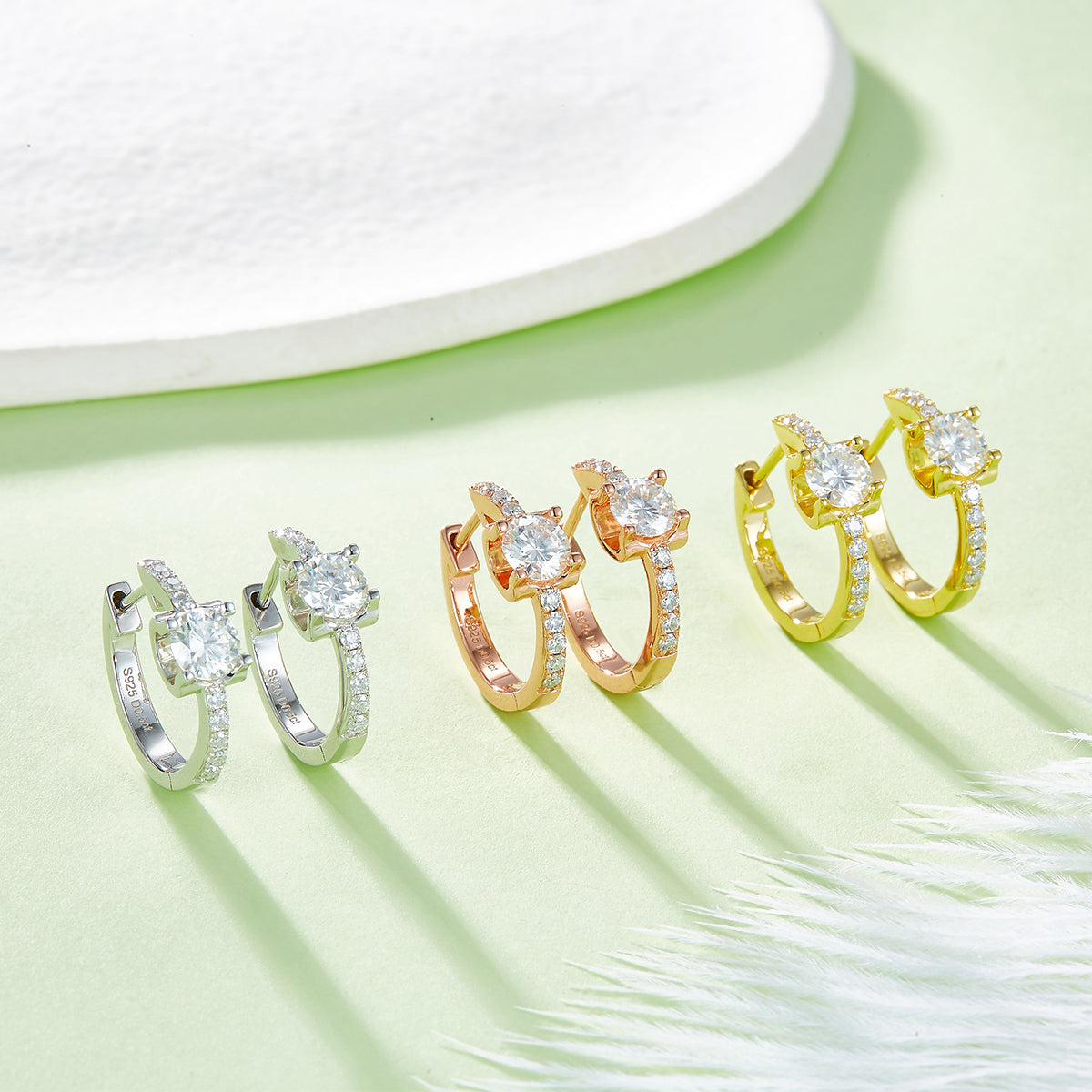 Planderful 1.24ct Moissanite Earrings S925 Silver Sparkling Single Row Oxhead Prong Round Main Stone For Women