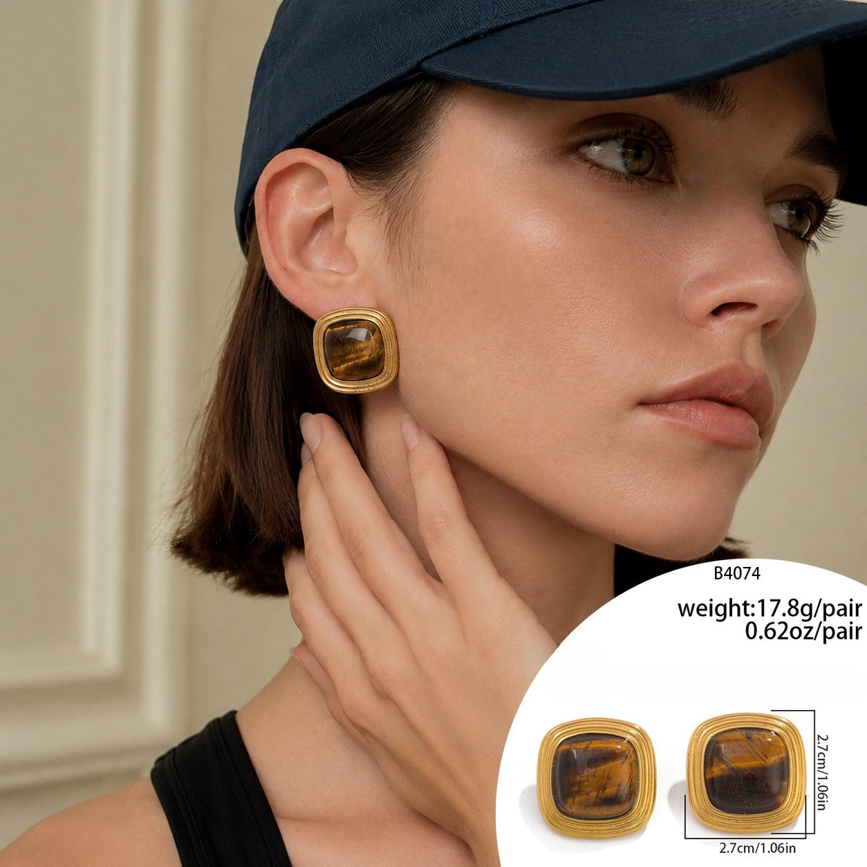 Planderful Stainless Steel Stud Earrings Tiger Stone Inlaid Geometric Pearl Square Statement For Trendsetting Women