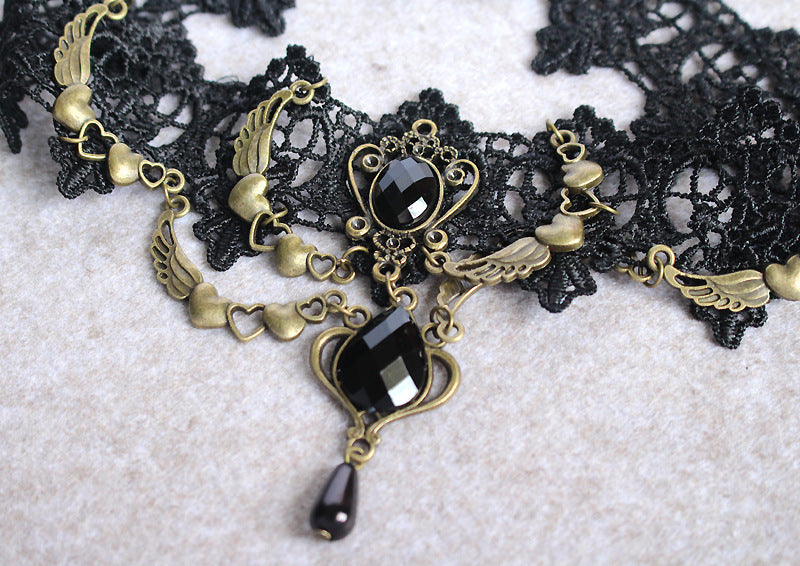 Nightclub Lace Heart Necklace with Gemstone Wing Pendant
