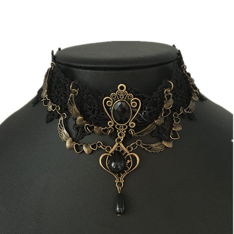 Nightclub Lace Heart Necklace with Gemstone Wing Pendant