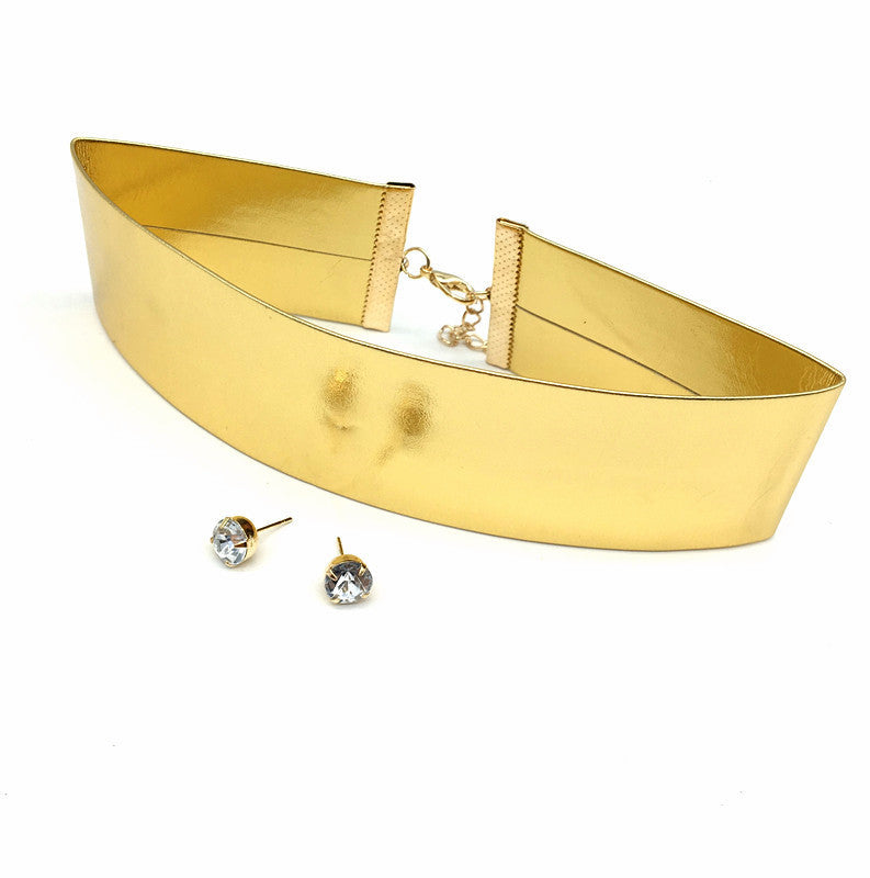 Chic Gold PU Leather Choker Necklace and Earrings Set by Planderful Collection