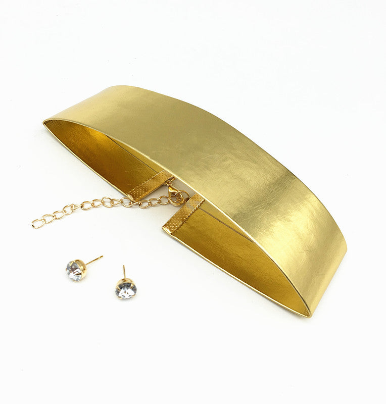 Chic Gold PU Leather Choker Necklace and Earrings Set by Planderful Collection