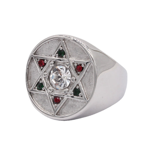 Fashion Simple Six-pointed Star Colourful Zircon Titanium Steel Ring for Men