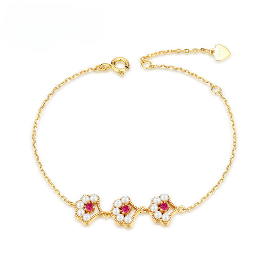 Red Corundum Pearl Ginkgo Leaf Sterling Silver Bracelet