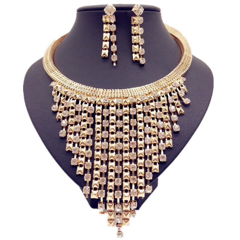 Dazzling Rhinestone Tassel Necklace and Earring Set - European Glam Collection