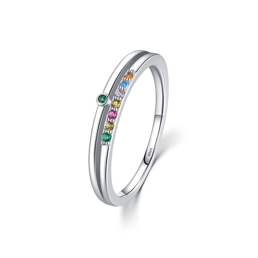 High-End Rainbow Zircon Sterling Silver Ring for Women, Niche Design with Popular Appeal