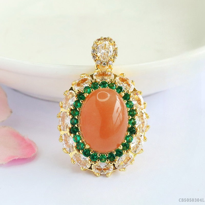 Orange Moonstone Green Zircon Pendant — No Chain