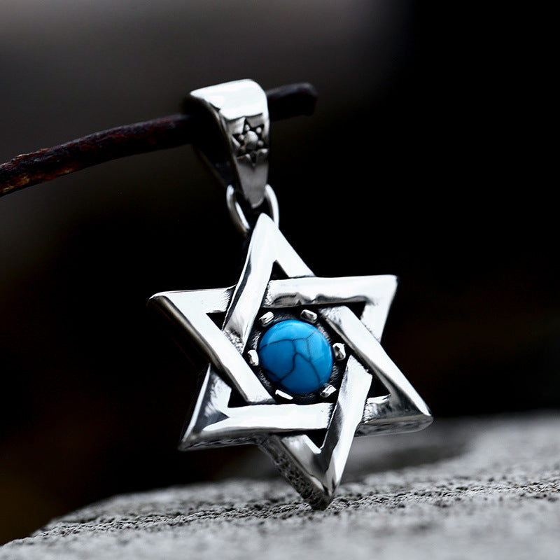 Gothic Hexagram Titanium Steel Pendant with Stone, Retro Personalized Design for Men