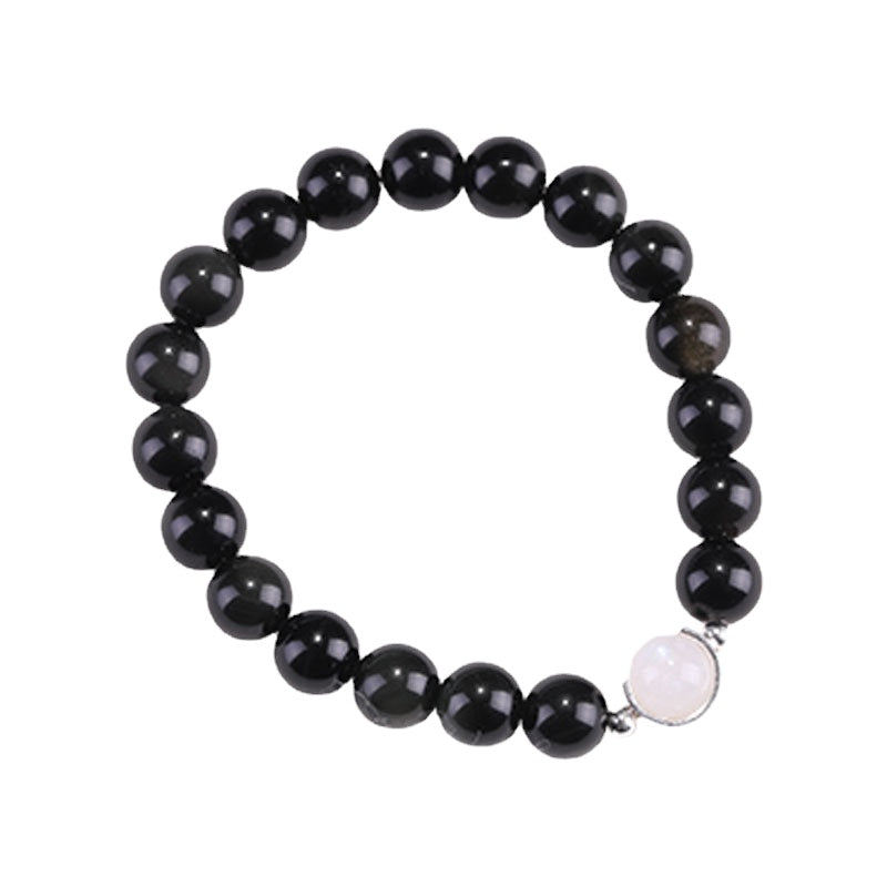 Sterling Silver Obsidian and Moonlight Stone Bracelet - Unisex Couple's Commemorative Gift