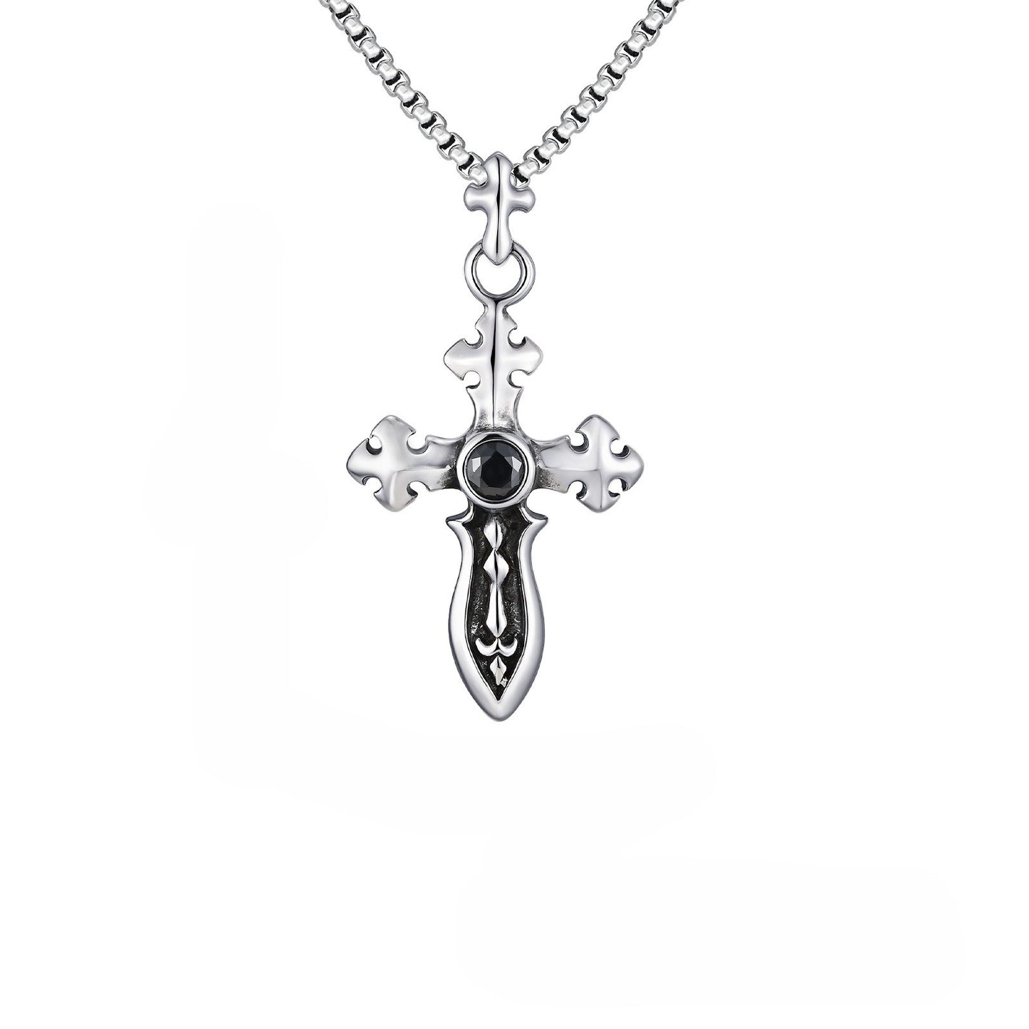 Planderful Retro Zircon Cross Sword Necklace Stainless Men