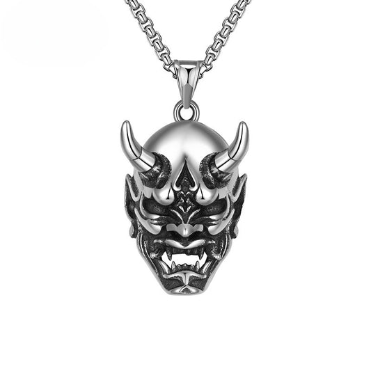Stainless Steel Necklace - Vintage Mens Horn Mask Pendant With Bold Geometry And Retro Aesthetic