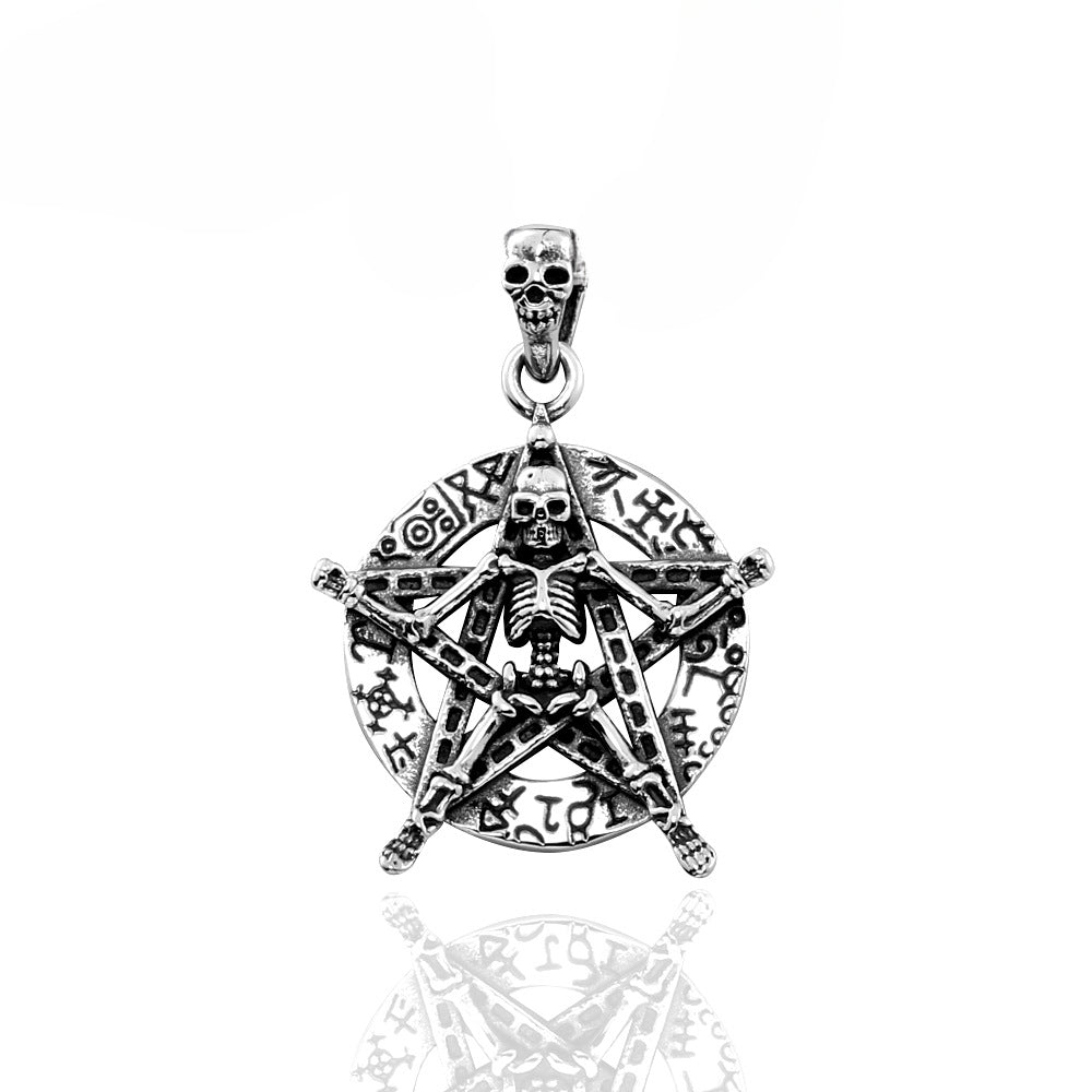 Punk-Inspired Titanium Steel Skull Pendant with Pentagram for Men