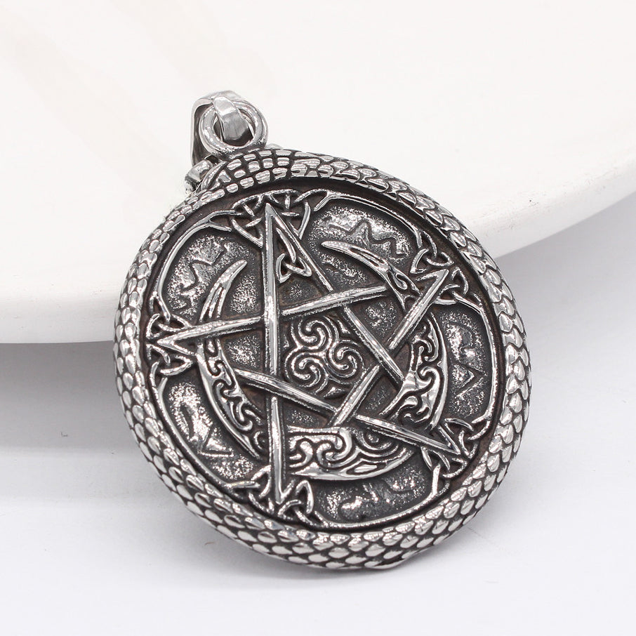 Pentagram Snake Edge Round Titanium Steel Pendant for Men