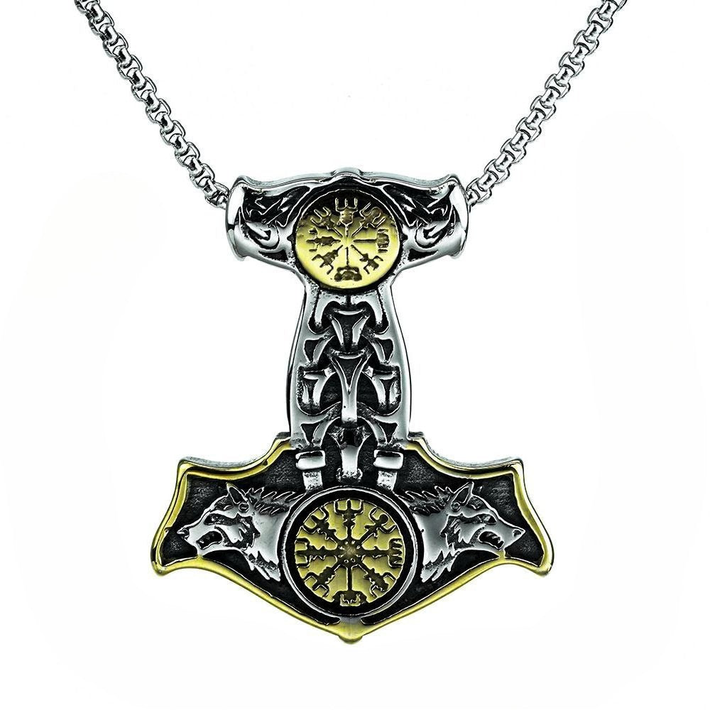 Planderful Viking Thor Hammer Necklace Double Sided Crow Wolf Compass Totem Pendant For Men