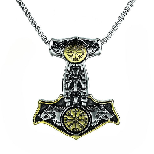 Planderful Viking Thor Hammer Necklace Double Sided Crow Wolf Compass Totem Pendant For Men