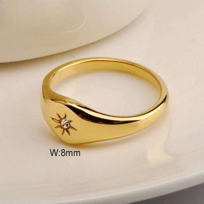 Minimalist Stylish Oval Glossy Zircon Octagram Ring Women's Stainless Steel 18k Gold-Plated Ring