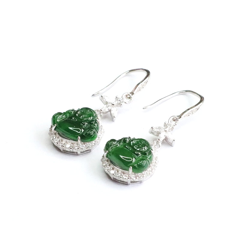 Icy Green Jadeite Buddha 925 Silver Hook Earrings