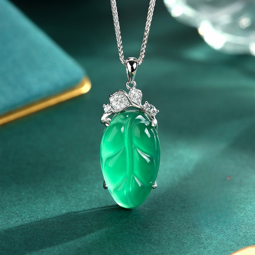 S925 Sterling Silver Natural Chalcedony Leaf Necklace