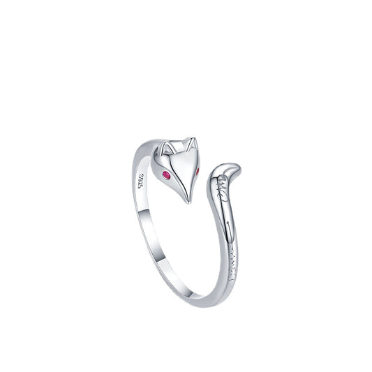 Elegant Adjustable Sterling Silver Fox Opening Ring with Zircon Gem, Minimalist Instagram Jewelry