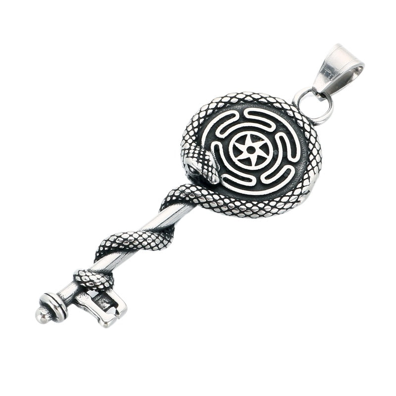 Gothic Snake Wrapped Rune Key Dark Vintage Labyrinth Cross Pattern Stainless Steel Necklace