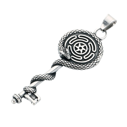 Gothic Snake Wrapped Rune Key Dark Vintage Labyrinth Cross Pattern Stainless Steel Necklace