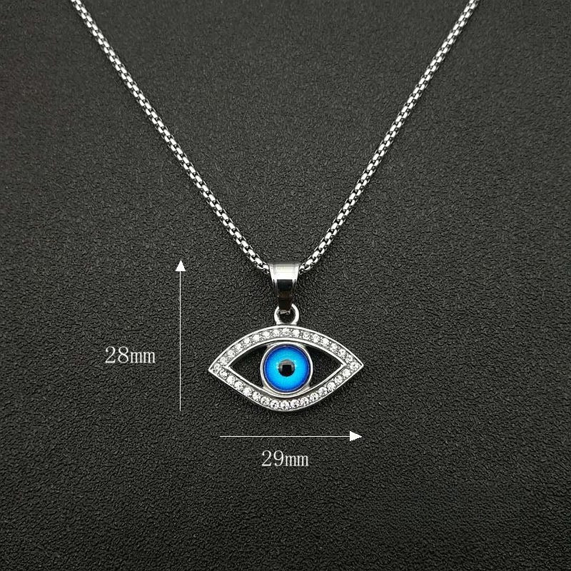 Planderful Hip Hop Jewelry Titanium Steel Gold Plated Zircon Turkish Blue Eye Pendant Necklace For Streetwear Fans