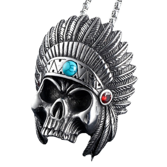 Halloween American Indian Skull Fighter Titanium Steel Necklace for Men