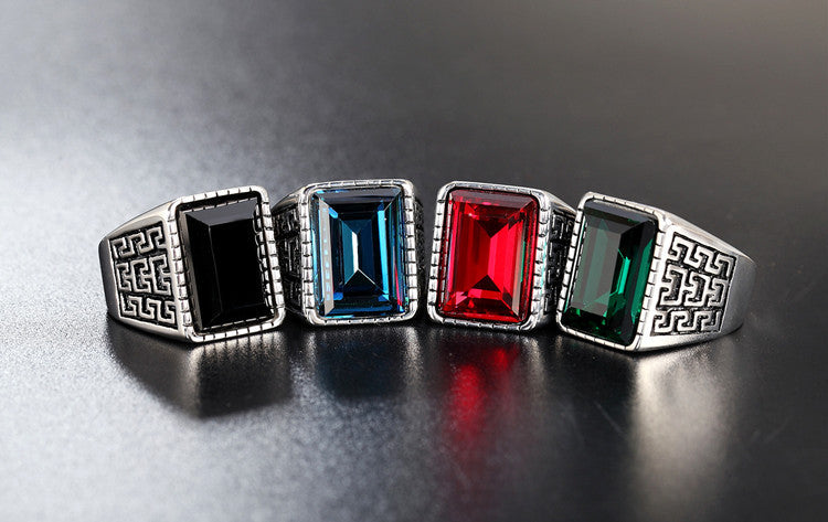 Planderful Mens Titanium Ring Unisex Domineering Great Wall Pattern Zircon Durable