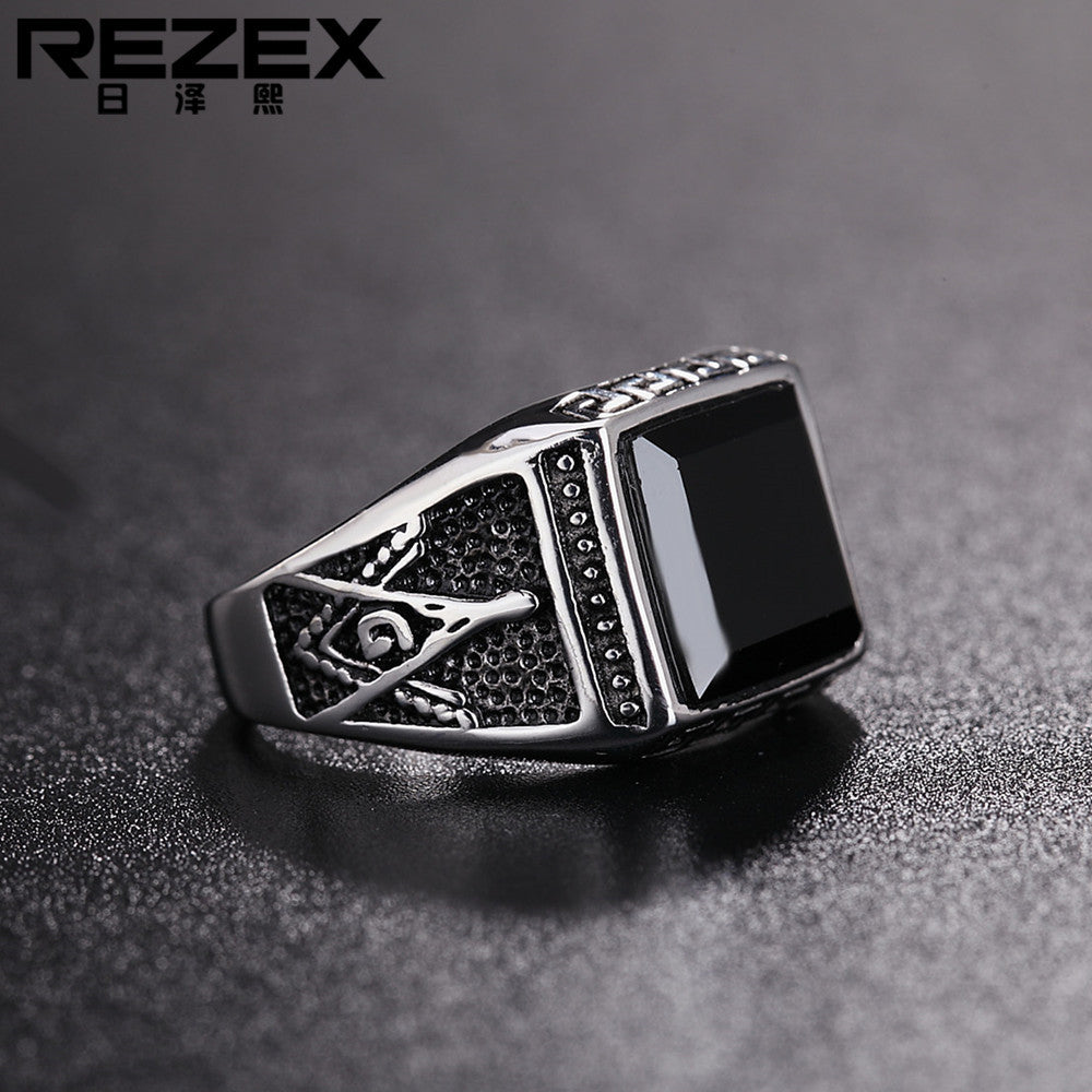 Planderful Freemasonry Titanium Steel Ring For Men Unisex Retro Black Stone Protection Statement