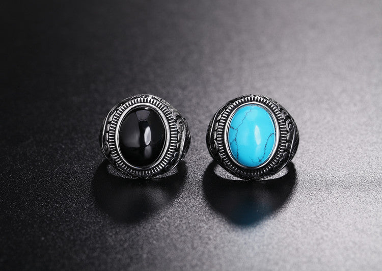 Planderful Sapphire Ring Unisex Vintage Pattern Titanium Steel Protection Statement For Men And Women
