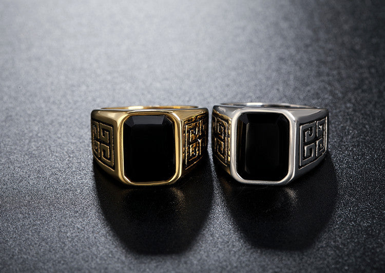 Agate Gemstone Ring For Men Unisex Durable Titanium Steel Great Wall Pattern Planderful