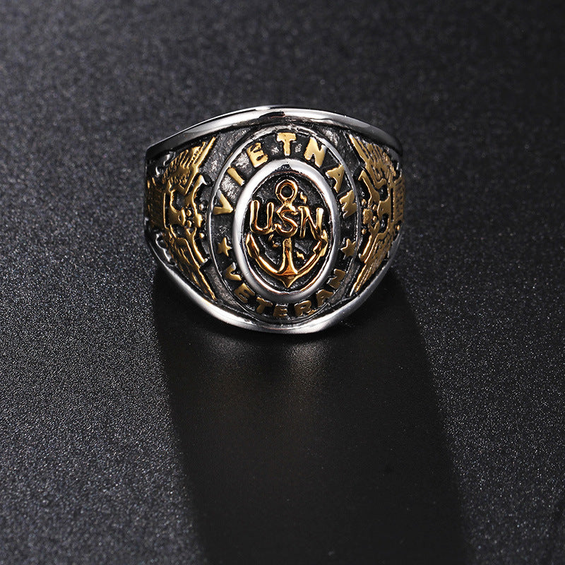 Nautical-Inspired Men's Gold Anchor Stainless Steel Ring - Customizable Maritime Jewelry