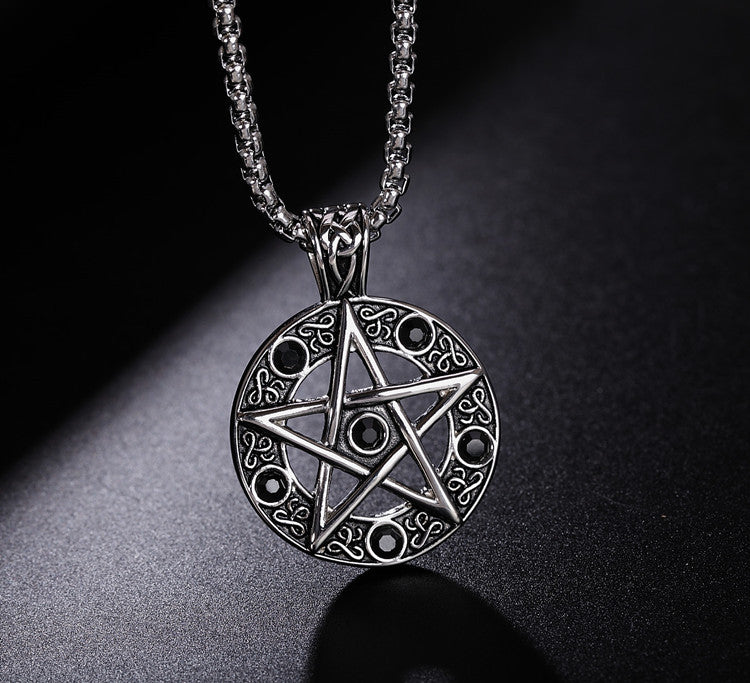 Power Cosmic Energy Pentagram Zircon Pendant Retro Titanium Steel Unisex Jewelry Planderful For Men And Women
