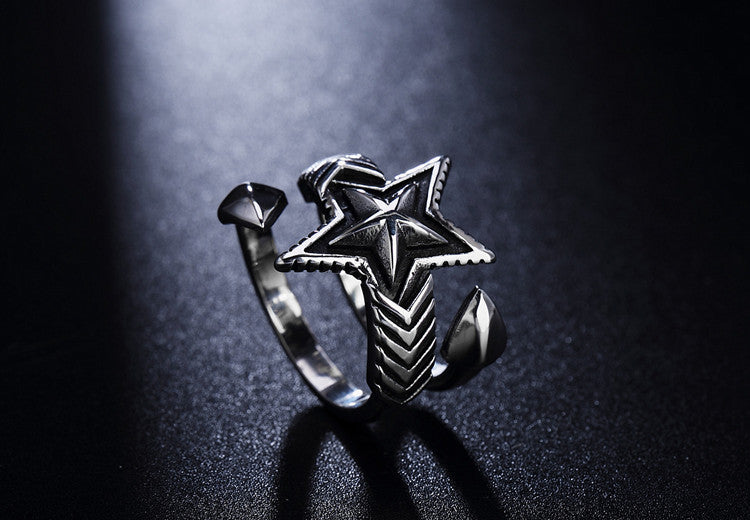 Vintage Distressed Five-Pointed Star Titanium Steel Ring for Men