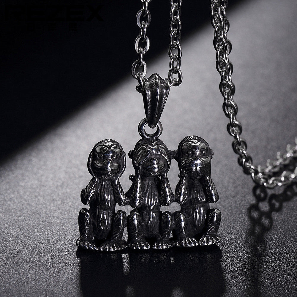 Planderful Three Monkey Pendant Titanium Steel Necklace Unisex Statement Jewelry For Men And Women