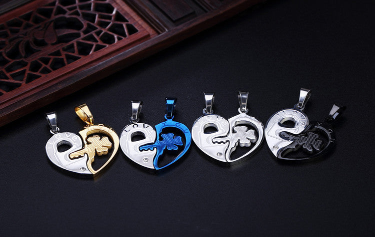 Four-Leaf Clover Necklace Key Heart Couple Premium Titanium Steel Unisex Pendant Planderful For Lovers