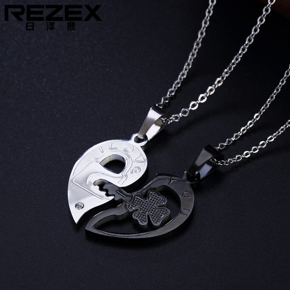 Four-Leaf Clover Necklace Key Heart Couple Premium Titanium Steel Unisex Pendant Planderful For Lovers