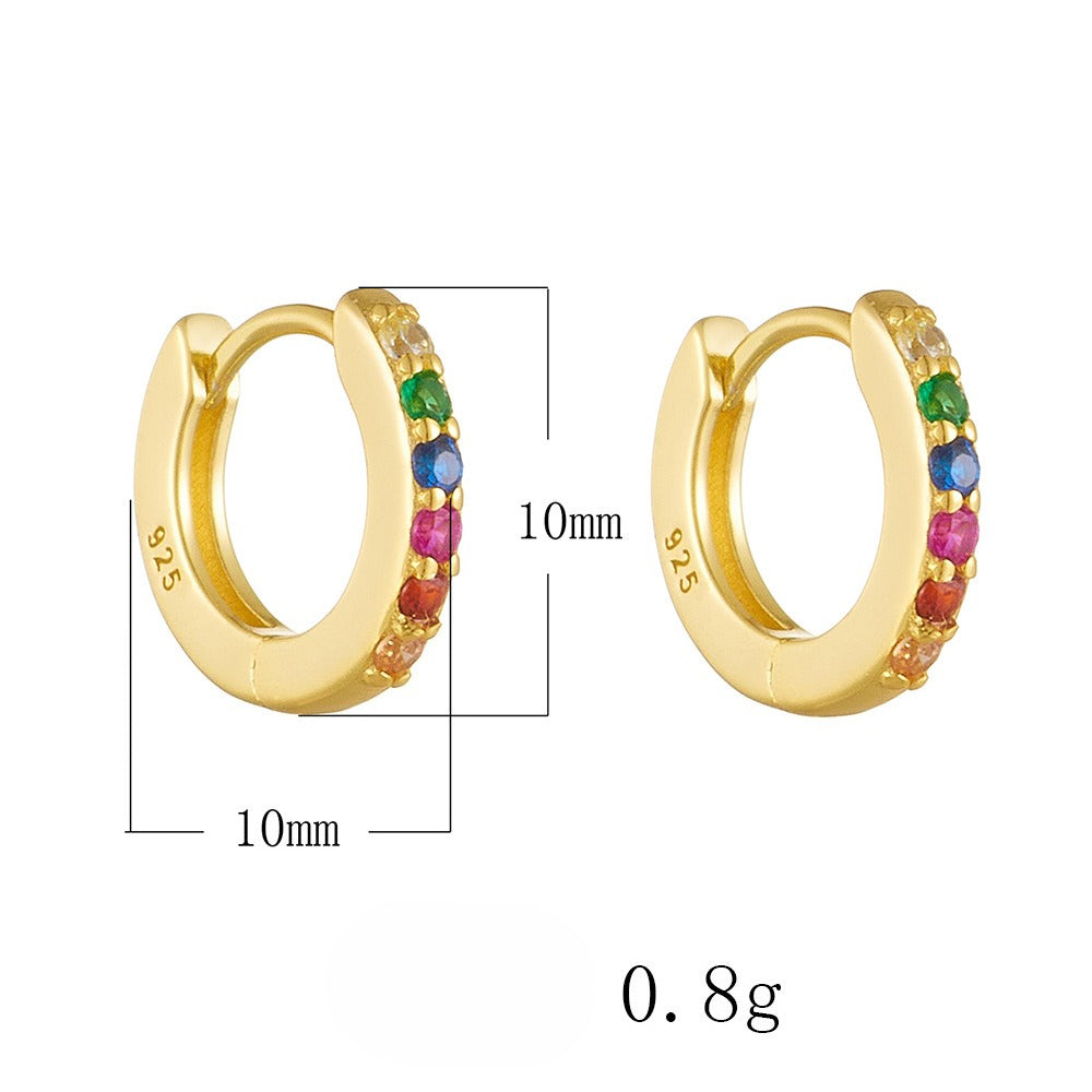 S925 Sterling Silver Round Micro-Inlaid Colored Zircon Ear Buckle Earrings