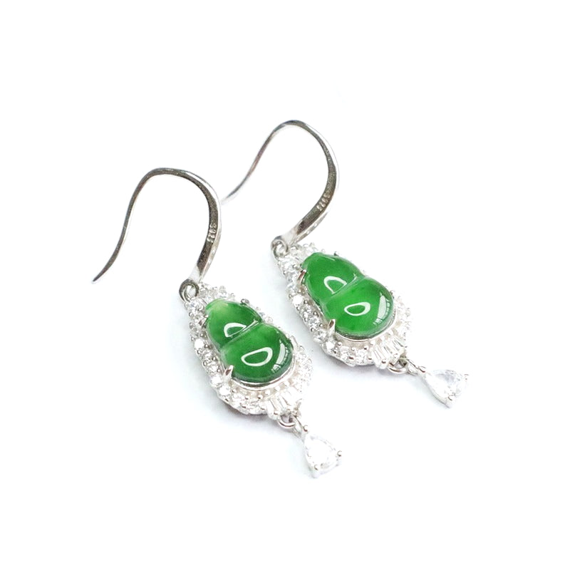 Icy Green Jadeite Gourd 925 Silver Hook Earrings