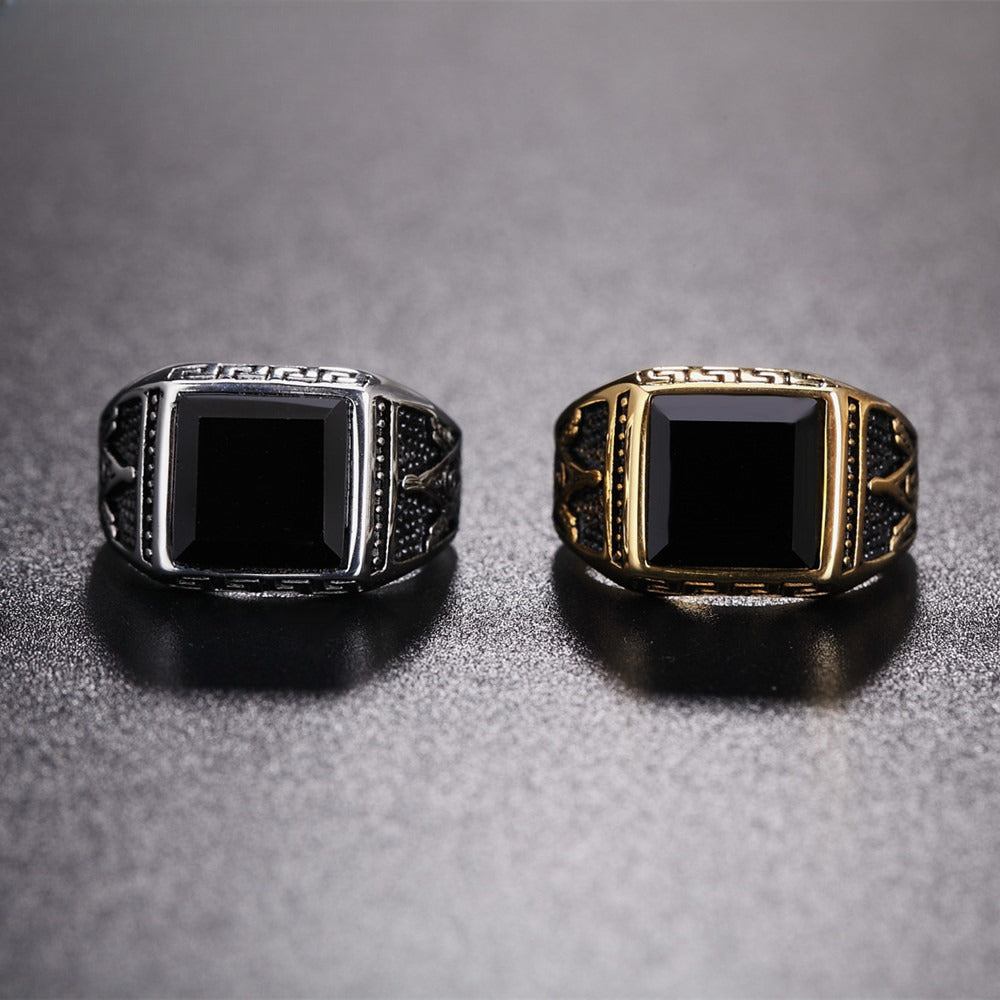 Planderful Freemasonry Titanium Steel Ring For Men Unisex Retro Black Stone Protection Statement