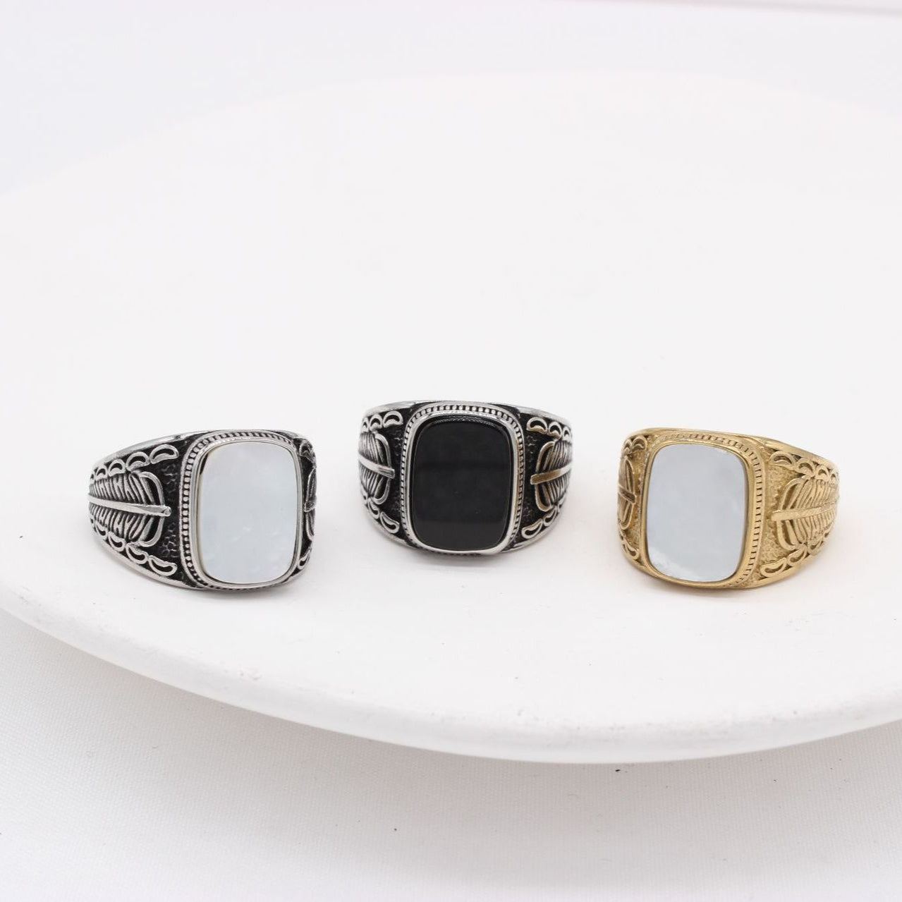 Planderful Everyday Genie Men Titanium Steel Ring With Feather Gem Design Unisex Protection Statement